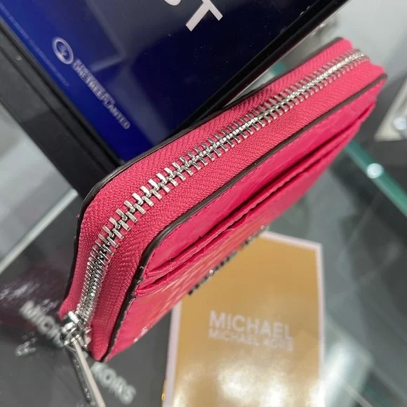 Michael Kors Women Medium Zip Around Card Case Coin Pouch Wallet Electric Pink - Picture 14 of 16